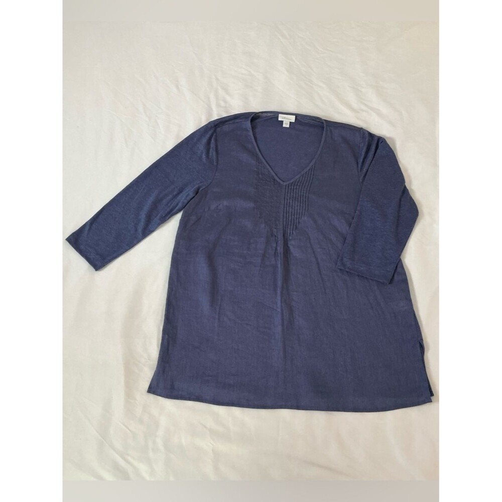 J.Jill Love Linen Blue Tunic Top | Medium | V‑Neck Pintuck | Modern Fit